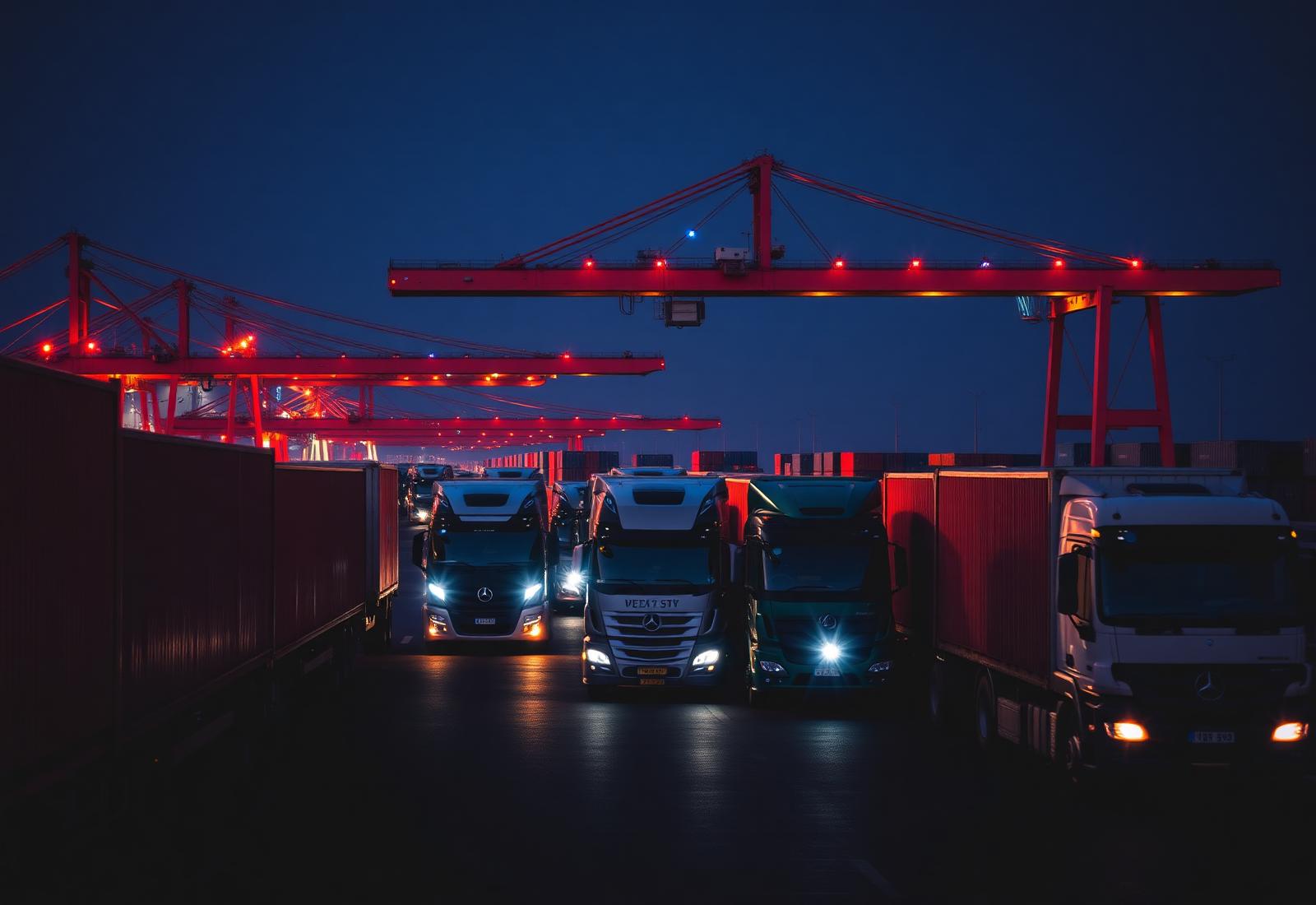 Fleet of freight trucks at a Maharashtra port